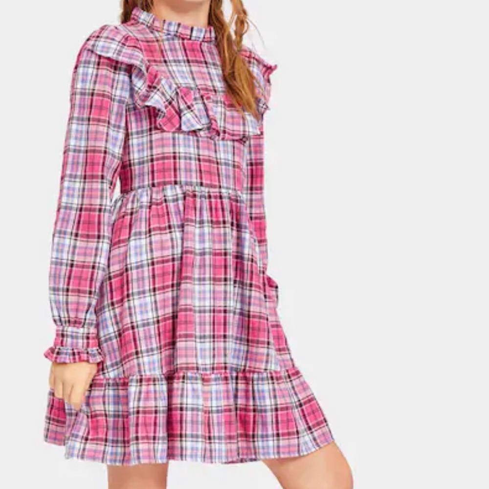 Girls Mock Neck Ruffle Embellished Plaid Dress - Picture 3 of 5
